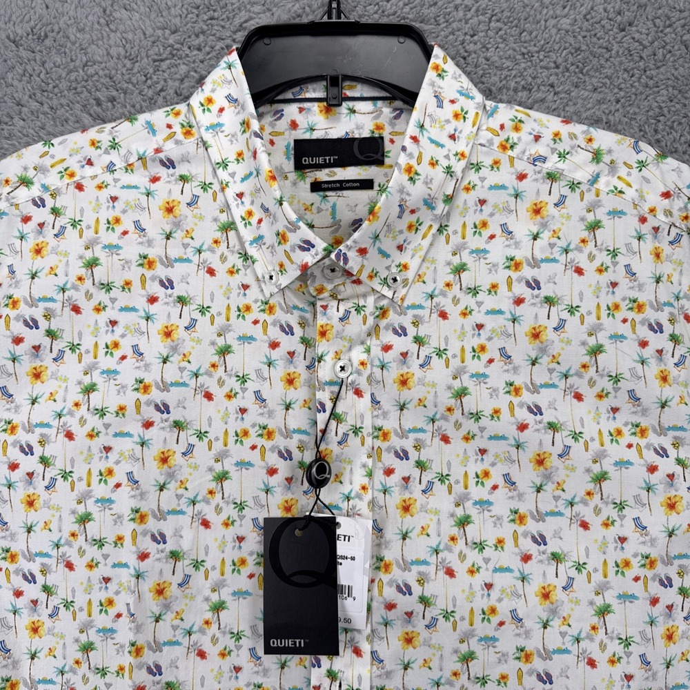 QUIETI Button Down Men XXL White New Tropical Beach Print Stretch Cotton Shirt